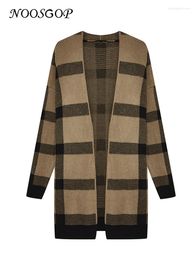 Women's Knits NOOSGOP Brown Khaki Plaid Loose Long Open Cardigan Sweater For Women 2023 Autumn Winter Knee Length Knit Jacket Warm Clothing