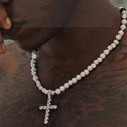 Pendant Necklaces Punk Men's Cross Necklace For Women Rhinestone Pearl Beads Choker Clavicle Chain Streetwear Jewellery Gifts