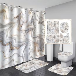 Shower Curtains 4Pcs Marble Style Shower Curtain Set with Non-Slip Rugs Toilet Lid Cover and Bath Mats Bathroom Shower Curtain Rugs Accessories 230607
