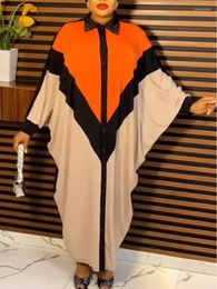 Casual Dresses Loose For Women Crystal Collar Batwing Long Sleeve Button Up Colour Block Baggy Dress Daishiki African Robes Party