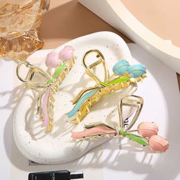 Dangle Chandelier Elegant Gold Colour Tulip Flower Hair Claw for Women Sweet Colourful Hair Shark Clip New Trend Metal Cute Clips Party Jewellery Gift Z0608