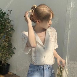 Women's Blouses French Hollow Out Lace Blouse Lapel Button Design Short Sleeve Niche Shirts 2023 Summer Korean Chic Simple Women Tops