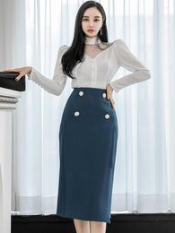 Work Dresses Spring Autumn Sexy 2 Pieces Outfits Elegant Office Women Chic White Mesh Sheer Tops Shirt Blouse Femme Midi Skirt Mujer Sets