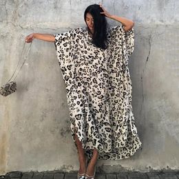 Women's Swimwear BellFlower Leopard Print Casual Tie Sexy Split Long Skirt Bat Sleeve Loose Plus Size Beach Robes Bikini Swimsuit Cover-up