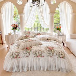 Bedding sets Korean Style White Lace Bedspread Bedding Set King Queen Luxury Princess Duvet Cover Bed Skirts Bedclothes Cotton Home Textile 230607