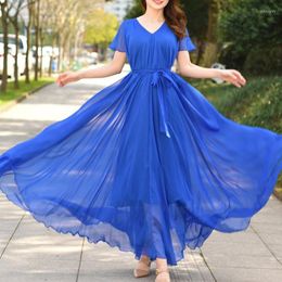 Plus Size Dresses Female Clothing Elegant Chiffon Loose Belt Maxi Boho Dress Beach Party Bridesmaid Robe Solid Ankle-Length