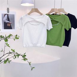 Women's Sweaters Green Color Hollow Out Women Sexy Tees Pearl Beading Puff Sleeves Ruched Folds Knit Summer Pullovers T-Shirt