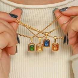 Pendant Necklaces INES Red Blue Green Zircon Crystal Vintage HipHop Stainless Steel Necklace For Women Jewelry Plated Gold Chain Party Gift