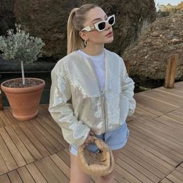 Women's Jackets Women Loose Sequin Baseball Jacket 2023 Spring Autumn Ladies Casual Mesh Sequins Coat Zip Up Streetwear