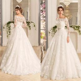 Custom Long Sleeves Lace Appliques A Line Wedding Dresses Bridal Gowns 2022 with Beads Sash Sweep Train Tulle Plus Size Bride Dres251L
