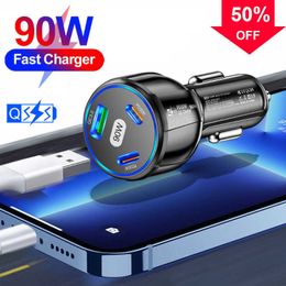 New 90W USB Car Charger 3 Port PD Type C Fast Charging for IPhone 14 13 Xiaomi Samsung Quick Charger Cigarette Lighter Adapter
