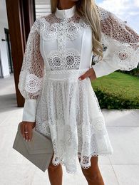 Casual Dresses 2023 Women Spring Summer Long Lantern Sleeve Lace Dress O-Neck Buttons Ladies Party Sexy Hollow Out Patchwork Ruffle