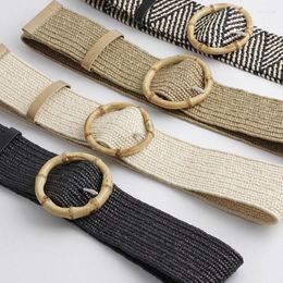 Belts Elastic PP Straw Belt Women Braided Wide Waist Round Bamboo Buckle Waistbands Fake Woven Strap Bohemia Style