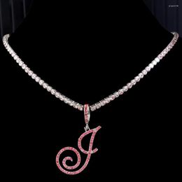 Chains Pink Crystal Cursive Letters Pendant Zircon Necklace For Women Hip Hop Initial Name Stainless Steel Rope Chain Jewelry