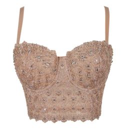 T-Shirt Sexy Women Embroidery Lace Bustier Crop Top Sequins Rhinestone Push Up Corset Bra 34B/36B/38C/40C