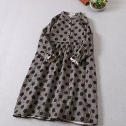 Casual Dresses Spring Women Dress Japan Style Polka Dot Print Loose Mori Girl Stand Collar Cotton Long Sleeve Midi