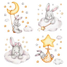 Cartoon Bunny Moon and Stars Wall Stickers for Kids Room Baby Room Decoration Animals Wall Decals Girls Boys Bedroom Wallpaper