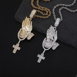 Pendant Necklaces Hip Hop Playing Hands Cross Pendants Necklace Fl Zircon Religious Jewellery Gift Drop Delivery Dhoet