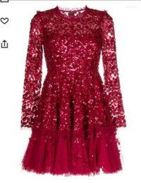 Party Dresses Verngo Sparkly Wine Red Sequin Short Evening Long Sleeves Jewel Neck Arabic Dubai Women Knee Length Prom Gowns