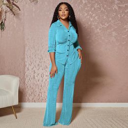 Women's Two Piece Pants Solid Long Sleeve Button Top Outfits Flared Sets Fall Matching Womens 2023 Casual Sweatsuits Wholesale