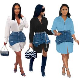 Womens Dress Suit Spring Summer New Personality Denim Combination Dress Shirt Two Piece Set