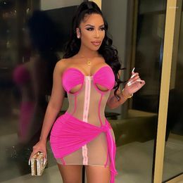 Work Dresses Women Wrapped Chest Zipper See Through Bodycon Dress Adjustable Skirt Matching Attirewear Mesh Patchwork Two Piece Set