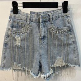 Women's Jeans Denim Shorts Women's 2023 Summer Loose Hole Rhinestone Tassel A-line Wide-leg Short Pants