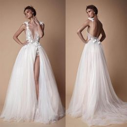 Sexy Backless Wedding Dresses Lace 3D Appliqued A Line Deep V Neck Beach Bridal Gown Tulle Split Side Wedding Dress208O