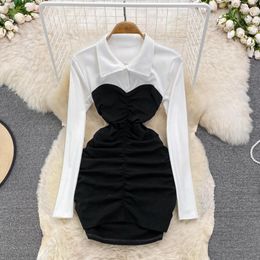 Casual Dresses Women Polo Dress White And Black Patchwork Long Sleeve Bodycon Mini Spring Autumn Slim Ruched Club Party Vestidos