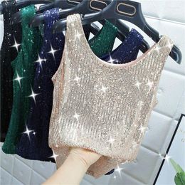 Women's Tanks Shiny Sequins Round Neck Vest Women's Outerwear 2023 Summer Bright Silk Fashion Flashing Bottoming Shirt Camisole Top