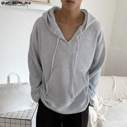 INCERUN Men Hoodies Solid Color V Neck Hooded Long Sleeve Pockets Casual Sweatshirts 2023 Streetwear Loose Thin Pullovers S-5XL