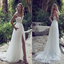 Newest Elegant Lace Appliques Tulle Beach Wedding Dresses High Split V Neck Backless Belt Country Limor Rosen Bridal Gowns277a