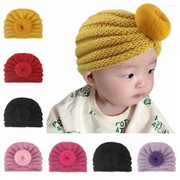 Berets Fashion Knit Rib Hat Round Donut Ball Knitting Baby Girls Turban Toddler Knitted Caps Headwear