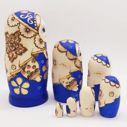 Dolls 7pcs Blue Russian Nesting Wooden Matryoshka Toys for Children Kids Christmas Home Room Decoration 230607