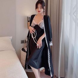 Women's Sleepwear Satin Lace Patchwork Nighty&Robe Set Women V-neck 2PCS Full Slip Kimono Gown Female Robe Suit Casual Sleep