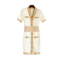 2023 designer luxury high quality summer dress high quality socialite style knitted V-neck short sleeve wrap hip high waist Thin permeable filament dress
