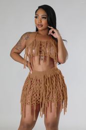 Women's Tracksuits Crochet Knitted Bra Tops Two Piece Sets 2023 Summer Women Clothes Sexy Elegant Knit Fringe Tassel Shorts 2 Set Outfit