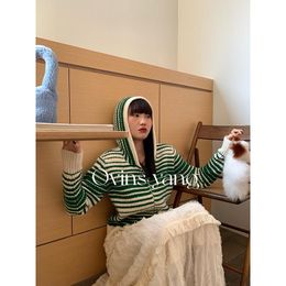 Sweaters Striped Cardigan Sweater Jacket Women's Autumn And Winter Lazy Style Sweet Preppy Style Hooded Knitted Top Korean Fresh Casual