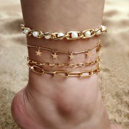 Anklets 4pcs Boho Golden Star Metal Anklets Bracelet for Women Imitation Pearls Chain Anklet Summer Beach Barefoot Jewellery 230608