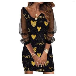 Casual Dresses Women's V-neck Perspective Dress Sequin Mesh Round Neck Long-sleeved Pencil Skirt 2023 Summer Printed