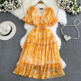 Gentle and retro style bubble short sleeved V-neck with waistband and slim A-line printed chiffon dress elegant long skirt