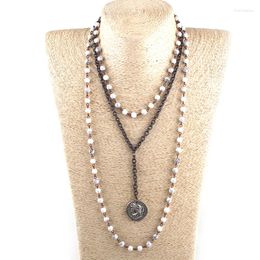 Pendant Necklaces Fashion Bohemian Tribal Jewellery 3 Layer Multiple White Stone Rosary Link & Chain Round Disco