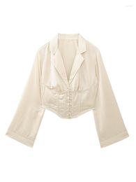 Women's Blouses YENKYE Fashion Women Solid Asymmetric Cropped Satin Corsetry Shirt Long Sleeve Female Chic Blouse Blusas Tops