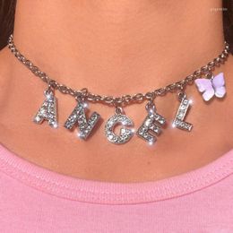 Chains 2023 Fashion Letter Butterfly Pendant Necklace For Women Silver Color Shiny Crystal Alphabet Wedding Jewelry Party Gift