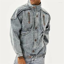 Men's Jackets Vintage Denim Men Slim Solid Casual Jean Coat Fashion Stand Collar Moto Biker High Street Tide Outwears 12A5983