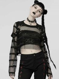 Women's T Shirts 2023 Dark Punk Fishnet Patchwok Women T-shirts Mall Gothic Transprent Sexy Crop Tops Grunge Aesthetic Streetwear Emo Alt