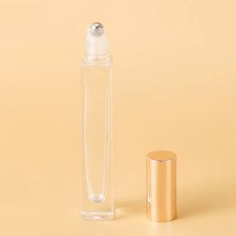 10ml Empty Pen Square Clear Glass Roll on Bottle with gold cap stainless steel roller ball for Essential oil Perfume Simple