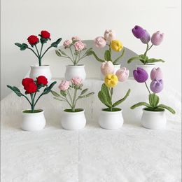 Decorative Flowers Artificial Tulip Rose Potted Fake Plants Bonsai Hand Woven Crafts For Home Table Bedroom Birthday Party Decoration