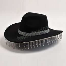 Handmade Rhinestone Fedoras Hats for Women New Elegant Fascinator Wide Brim Formal Wedding Party Hat Stage Performance Felt Cap