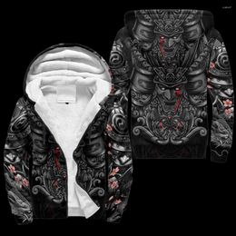Men's Hoodies Fashion Samurai Oni Mask Tattoo 3D Printed Winter Thicker Zip Hoodie Unisex Casual Hooded Coat Tracksuit Warm Fleece Jacket